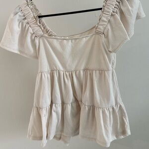 Altar'd State Cream Flutter Sleeve Blouse with Ruffled Tiers